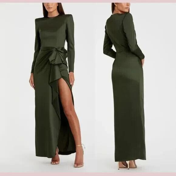 NWT MAC DUGGAL LONG SLEEVE STRUCTURED BOW GOWN OLIVE EVENING BALL 26676 - Picture 3 of 4